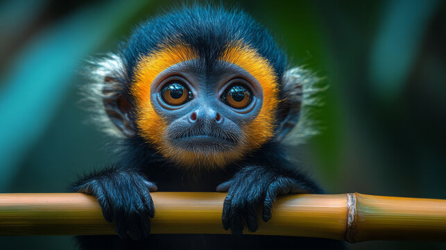 Golden monkey perched on a bamboo shoot, turning its head quizzically at the sound of a camera shutter,