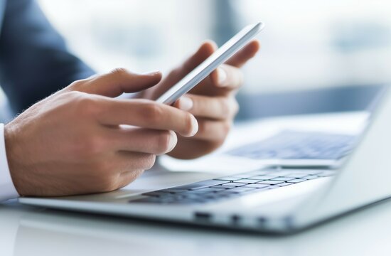 Close-up of a businessman's hand using a white, blank-screen mobile phone with a laptop on the desk in the office. This is a business concept mockup for online social media marketing and digital adver