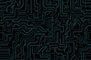 Abstract close-up of a glowing blue digital circuit board, showcasing intricate connections and technological design on a black background.
