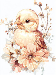 Cute chick surrounded by delicate flowers in a soft pastel floral arrangement