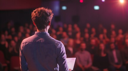Young entrepreneur giving pitch presentation in front of an audience vibrant energy