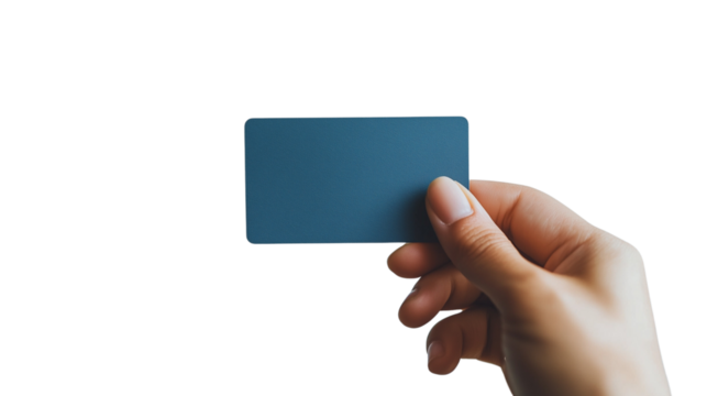 Woman's hand holding a blue card, isolated
