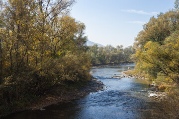 Obraz premium Mountain river. The rapid flow of water flows between the wooded shores. Autumn landscape