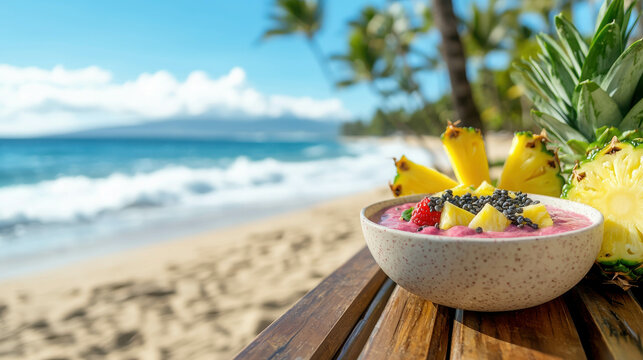 Tropical Hawaiian Breakfast Scene on Sandy Beach with Fresh Fruits and Smoothie Bowl