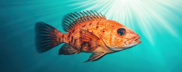 Fototapeta premium Vivid Orange Rockfish Swimming Underwater Ocean Wildlife Marine Life Sunlit Sea
