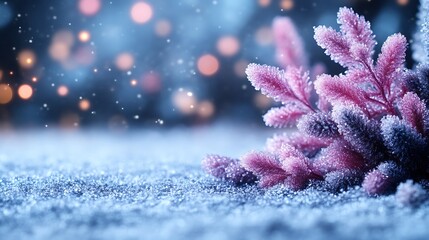 Frosty winter scene with pink and blue foliage in snow.