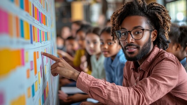 Teacher Explaining Colorful Chart to Students in Collaborative Learning Session