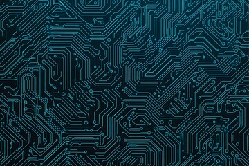 Abstract close-up of a glowing blue digital circuit board, showcasing intricate connections and technological design on a black background.
