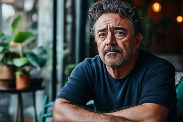 Obraz premium Hispanic man reflecting in a cozy, dimly lit cafe while surrounded by plants