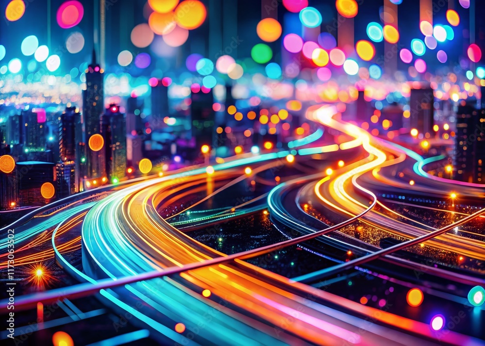 Poster abstract neon lines & curves bokeh tileable pattern - vibrant geometric background