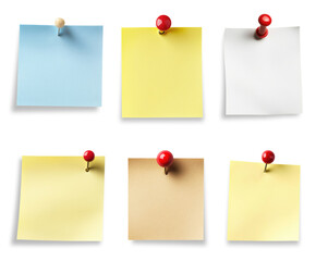 Set of colored paper notes with push pins isolated on transparent background