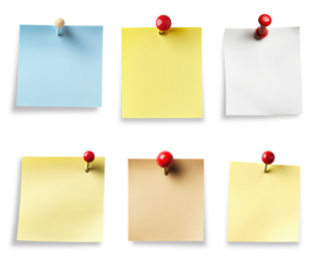Set of colored paper notes with push pins isolated on transparent background