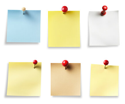 Set of colored paper notes with push pins isolated on transparent background