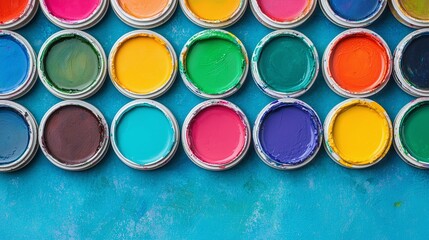 Colorful paint pots arranged on a blue background.