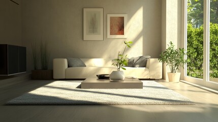Minimalist living room with contemporary furniture, a soft area rug, and carefully curated decor for a sleek yet cozy space
