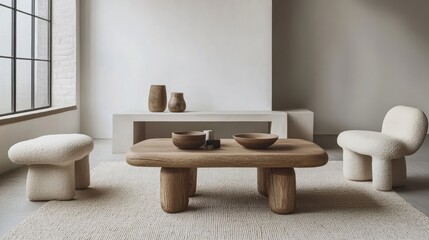 Minimalist living room with a wooden coffee table as the focal point, featuring neutral decor and open space for stylish product showcasing