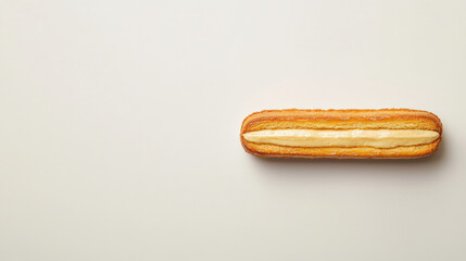 Delicious eclair with creamy filling on light grey background