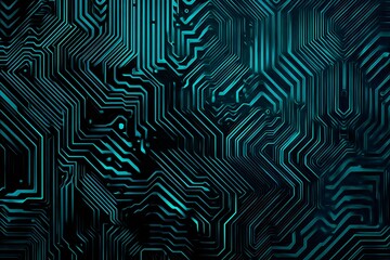 Obraz premium Abstract close-up of a glowing blue digital circuit board, showcasing intricate connections and technological design on a black background. 