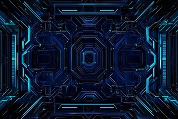 Abstract close-up of a glowing blue digital circuit board, showcasing intricate connections and technological design on a black background.
