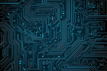 Abstract close-up of a glowing blue digital circuit board, showcasing intricate connections and technological design on a black background.
