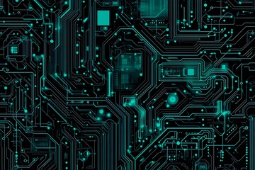 Abstract close-up of a glowing blue digital circuit board, showcasing intricate connections and technological design on a black background.
