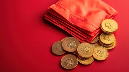 A traditional red packet paired with golden coins and lucky charms, arranged neatly on a vibrant red background