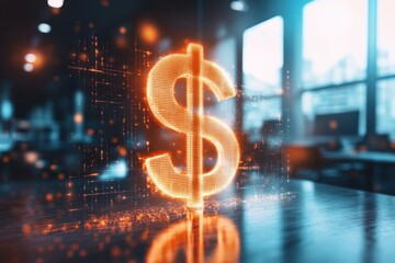 A glowing dollar sign overlayed on a blurred office background, emphasizing the price aspect.
