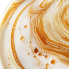Close-up of caramel macchiato with swirling layers and caramel drizzle isolated on transparent background.