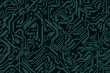 Abstract close-up of a glowing blue digital circuit board, showcasing intricate connections and technological design on a black background.
