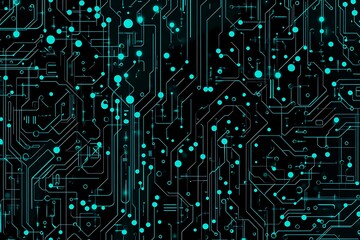 Abstract close-up of a glowing blue digital circuit board, showcasing intricate connections and technological design on a black background.
