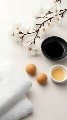 Spa day essentials:  white towels, fragrant oil, and calming blossoms.