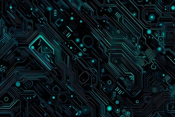 Abstract close-up of a glowing blue digital circuit board, showcasing intricate connections and technological design on a black background.
