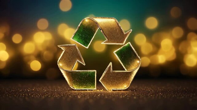 A gold and green recycling symbol is shown on a dark background. The symbol is a triangle with arrows pointing in different directions