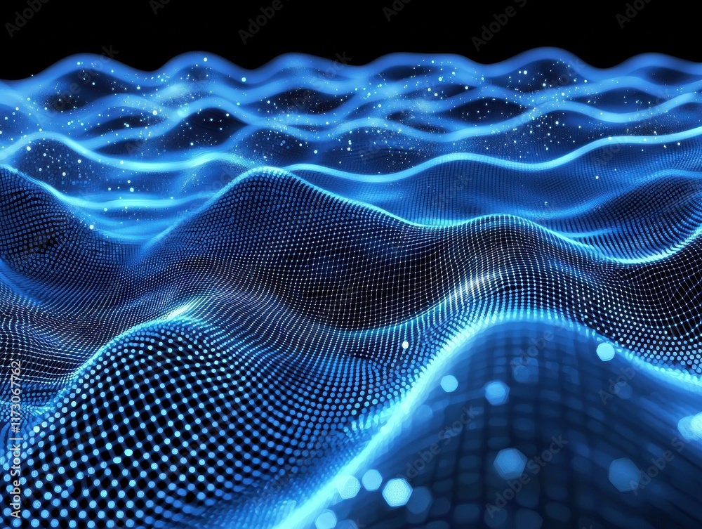 Poster dynamic particle flow waves abstract digital background visual art high-tech environment aerial view