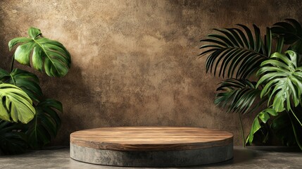 Tropical Wooden Platform Against Rustic Brown Wall