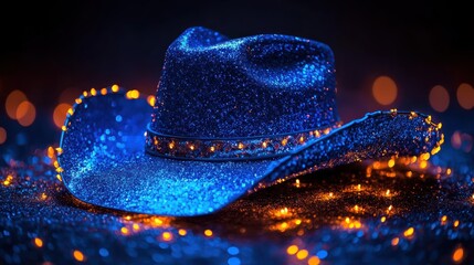 A sparkling blue cowboy hat adorned with glowing lights.