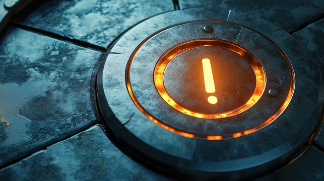 Glowing exclamation mark in metallic circular interface.