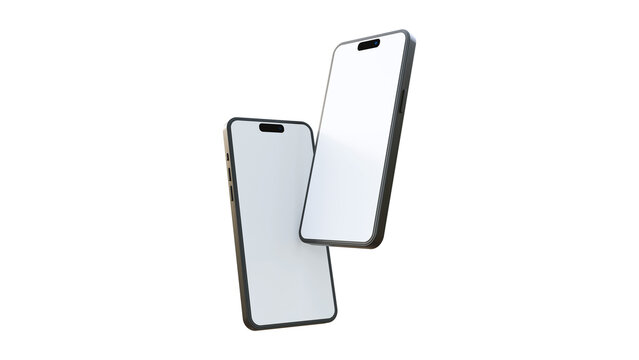 Two phones floating on isolated background. Smartphone mockup. Device UI, UX mockup for presentation template. Cellphone frame with blank display screen templates, phone different angles views.