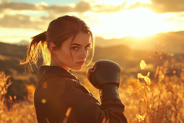 Focused athlete in action: Boxer training outdoors at golden hour