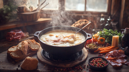 Olla de fondue caliente en mesa rústica rodeada de ingredientes frescos como pan, zanahorias, pimientos y embutidos, con fondo cálido de madera y luz natural.   © BONI