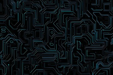 Abstract close-up of a glowing blue digital circuit board, showcasing intricate connections and technological design on a black background.
