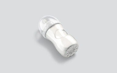 Blank transparent plastic baby bottle mockup lying, side view