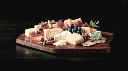 Tabla de quesos variados con frutas frescas, nueces, miel y galletas, presentada elegantemente sobre fondo negro en un estilo sofisticado.
