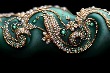 Emerald green fabric adorned with gold and gemstone embellishments.