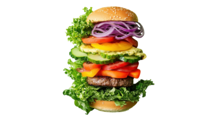 Delicious stacked burger with fresh vegetables and toppings, showcasing vibrant colors and textures against a neutral background.