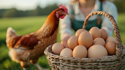 A hen beside a basket of eggs in a lush green field, showcasing farm life and agriculture.