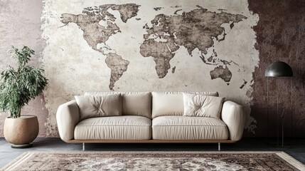 Neutral-toned living room mock-up with textured walls, a stylish rug, and a sleek sofa in a cozy yet modern layout