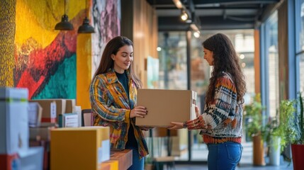Fototapeta premium An office task scene showing two women collaborating, exchanging a box in a well-lit workspace with vibrant decor elements