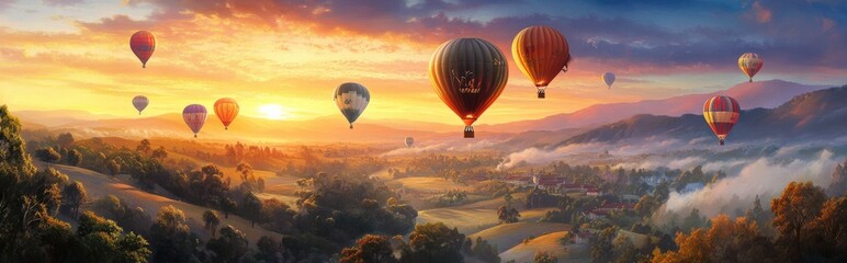Obraz premium Breathtaking hot air balloon festival at sunrise over scenic countryside aerial view vibrant colors and serenity