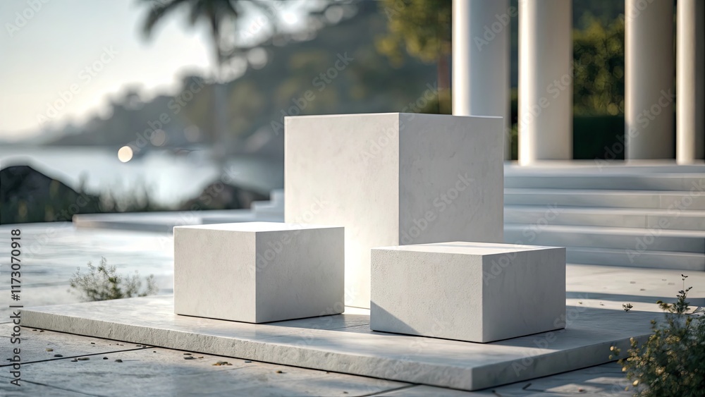 Poster three white boxes are arranged on a stone platform